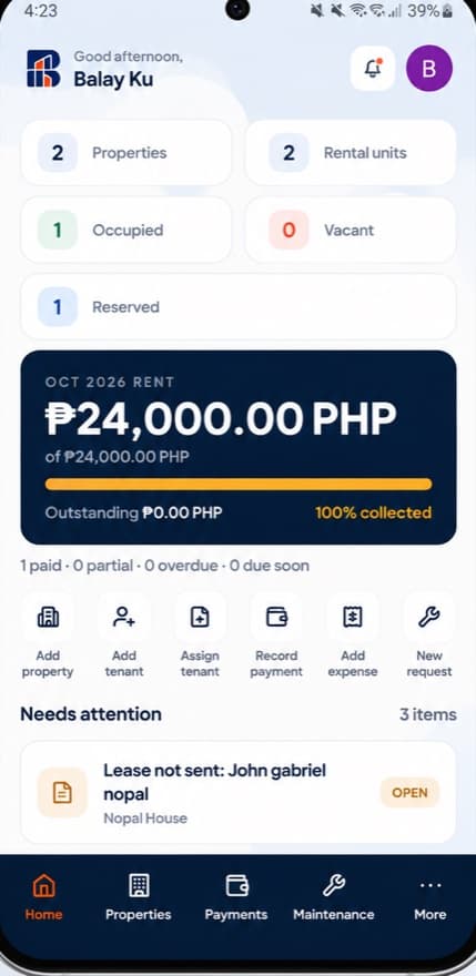 Screenshot of the BalayKu home dashboard