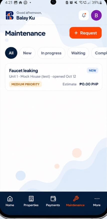 Screenshot of the BalayKu maintenance screen