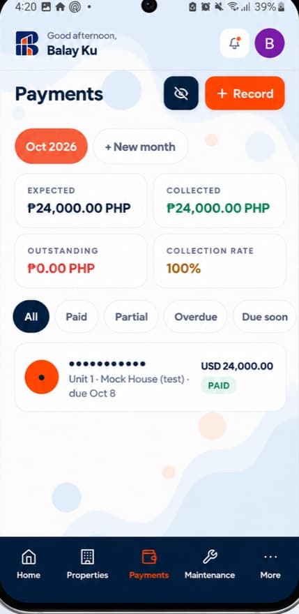 Screenshot of the BalayKu payments screen