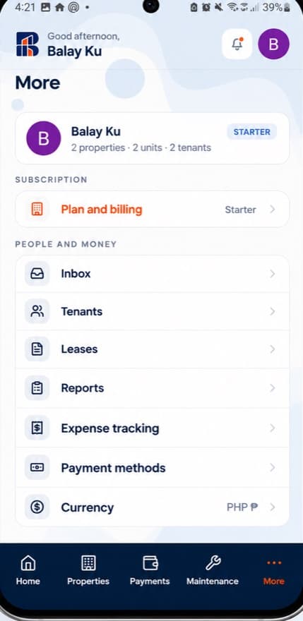 Screenshot of the BalayKu More menu