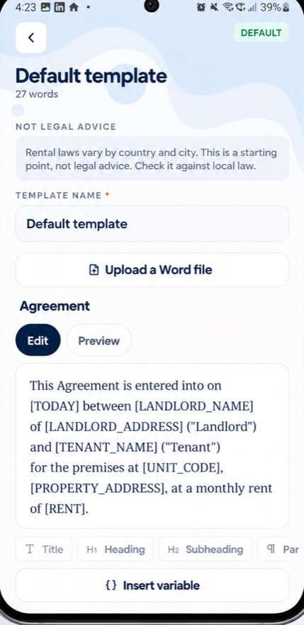 Screenshot of the BalayKu lease template editor