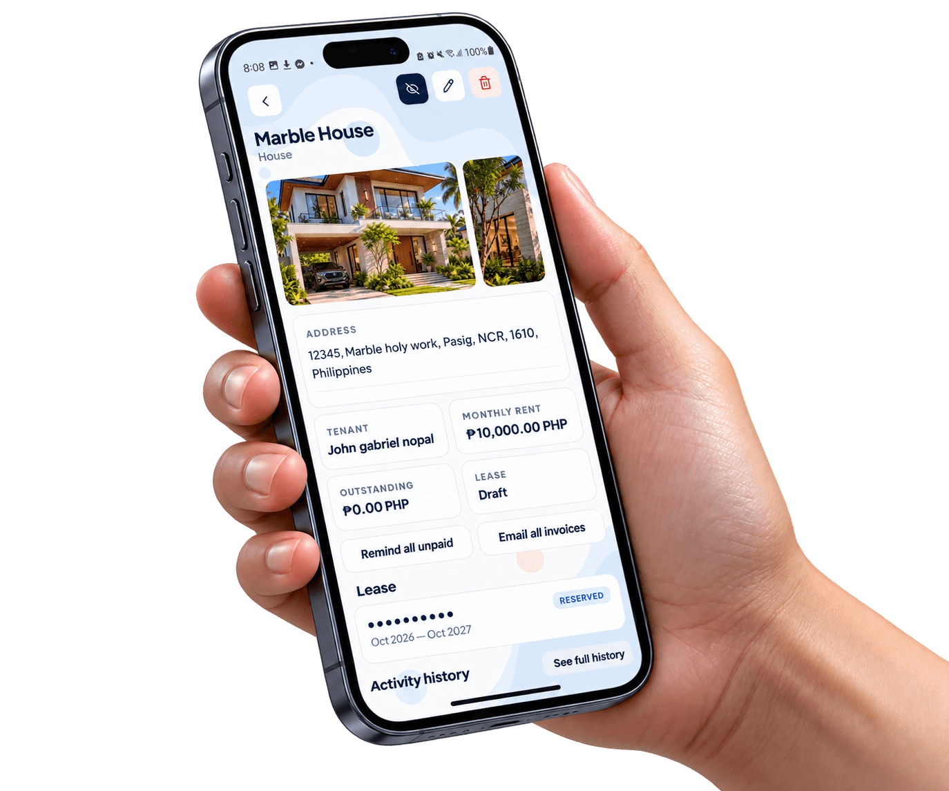 A property in the BalayKu app: its photos, tenant, rent and lease